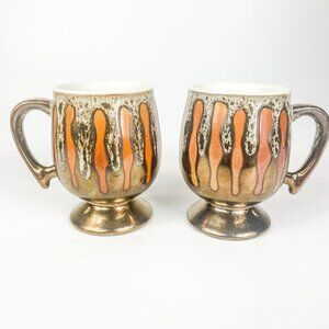 Mid century Modern Drip Glaze Copper Orange Mugs set of 2